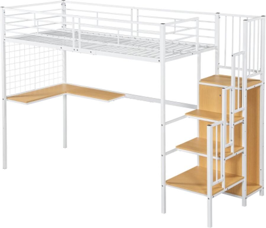 IJzeren bed hoogslaper 90x200cm geschikt voor kinderen en tieners met tafel en kledingkast zijladder met leuning ijzer + spaanplaat wit + naturel