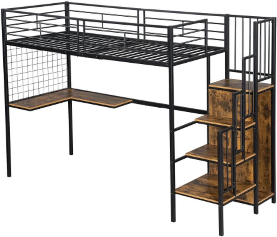 Learnlogic IJzerbed stapelbed hokbed geschikt voor kinderen en adolescenten met tafel en garderobe zijladder met leuning ijzer+spaanbord zwart+donkere houten kleur 90x200cm - Foto 2