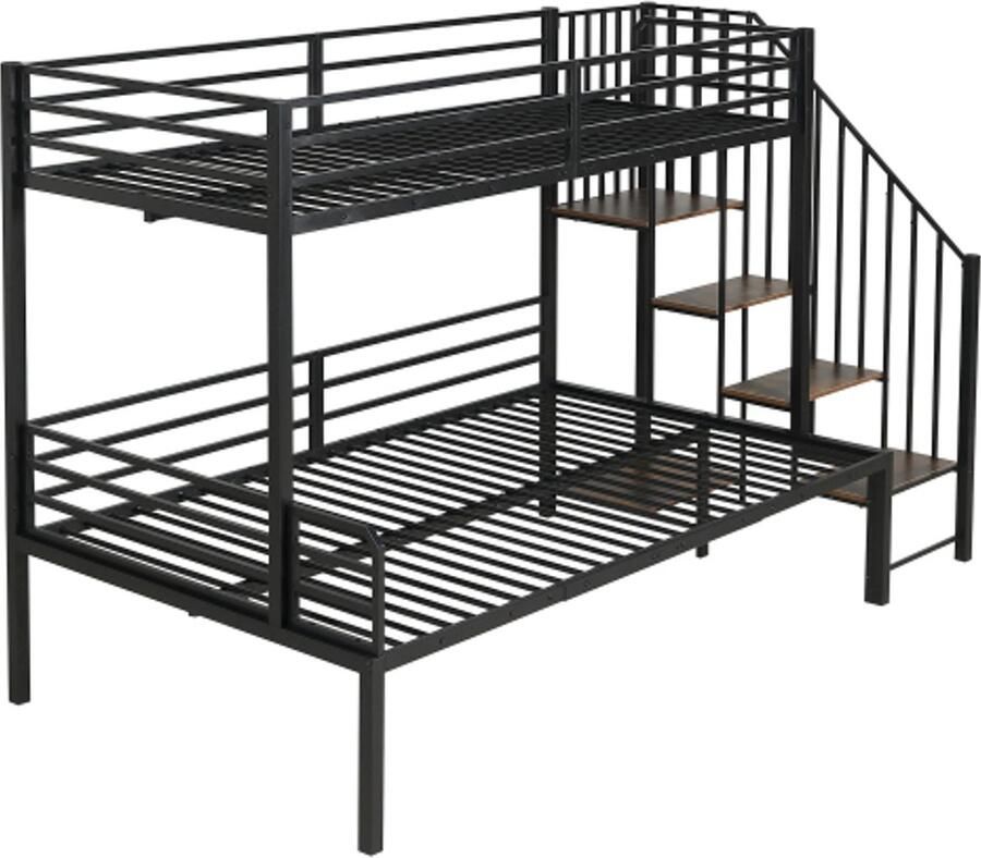 IJzeren bed stapelbed 90x200cm+120x200cm geschikt voor kinderen en tieners hoekladderkast met opbergruimte ijzer+MDF zwart
