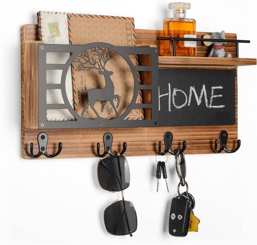 Ikkle Plum Deer sleutelrek met plank wandorganizer sleutelhaak met krijtbord wandplank voor sleutelhangerorganizer brievenhouder krantenrek sleutelhouder