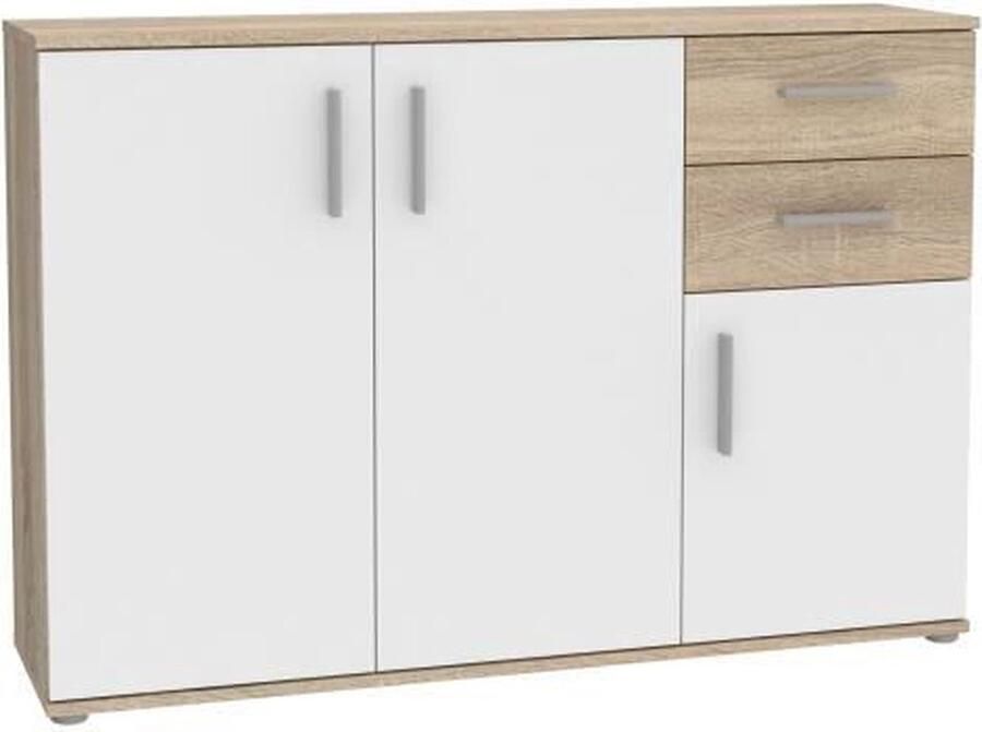 Merkloos IKOLI opbergmeubel 3 deuren 2 laden Sonoma eiken en wit decor L119 6 x D31 4 x H81 7 cm Kunststof handgrepen