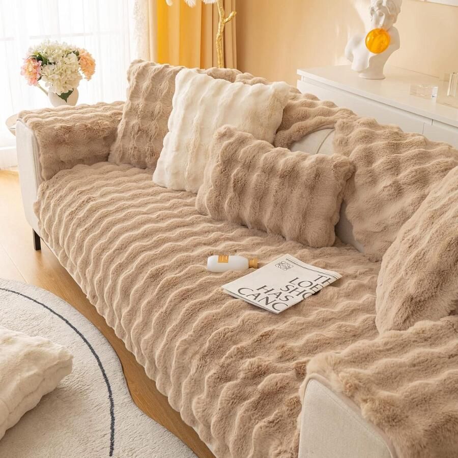 Imitatie Konijnenbont Dikke Pluche Bank Hoes Antislip Khaki 70x210 cm