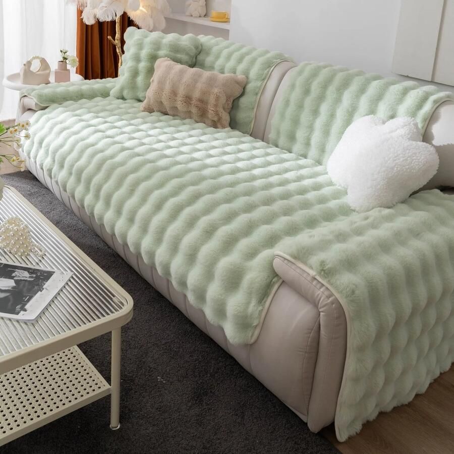 Imitatie Konijnenbont Dikke Pluche Bank Hoes Antislip Licht Groen 70x180 cm