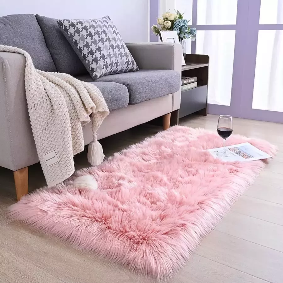 Imitatie lamsvacht schapenvacht tapijt kunstbont decoratief lamsvel tapijt langharig vacht imitatie wol bedmat bankmat (75 x 120 cm roze)