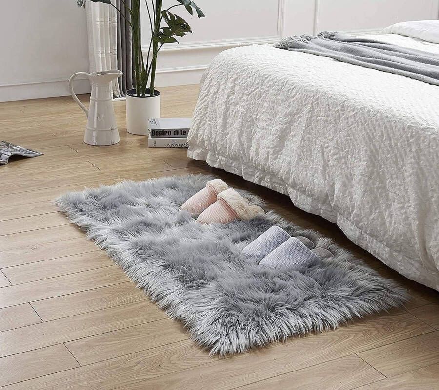 Imitatie lamsvacht schapenvacht tapijt kunstbont decoratief tapijt in super zachte lamsvacht tapijt langharige vachtlook imitatie wol bed mat bank mat (rechthoekig grijs 60 x 90 cm)