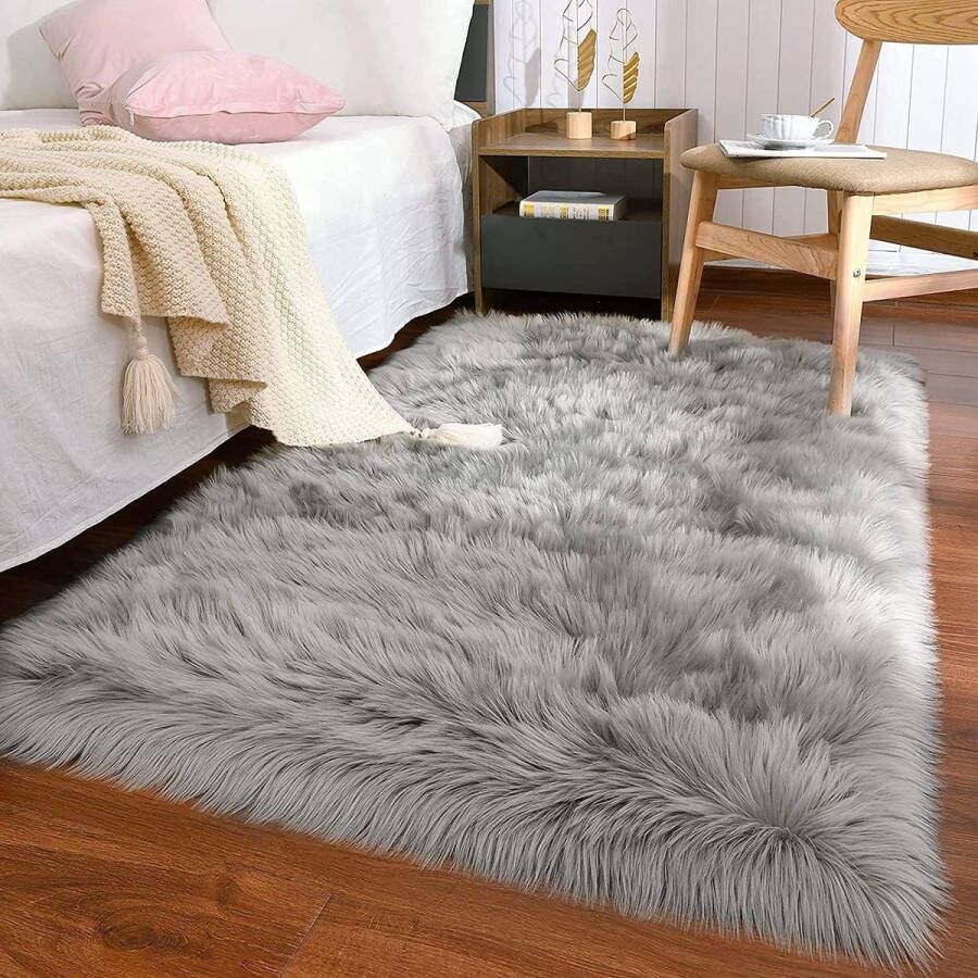 Imitatie lamsvacht schapenvacht tapijt kunstbont decoratief tapijt in super zachte lamsvacht tapijt langharige vachtlook imitatie wol bed mat bank mat (rechthoekig grijs 60 x 90 cm)