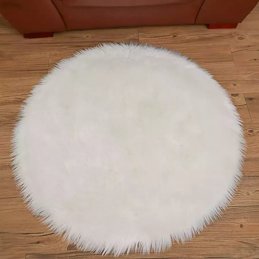 Imitatie lamsvacht schapenvacht tapijt langharige vacht look imitatieleer boxkleed bankmat 90 cm rond wit