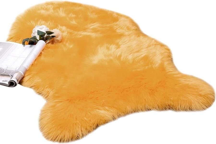 Pluizige schapenvacht imitatiebont vloerkleed fleece stoelhoes zitkussen zachte ruige mat voor slaapkamer bankvloer 60 x 90 cm oranje onregelmatige vorm