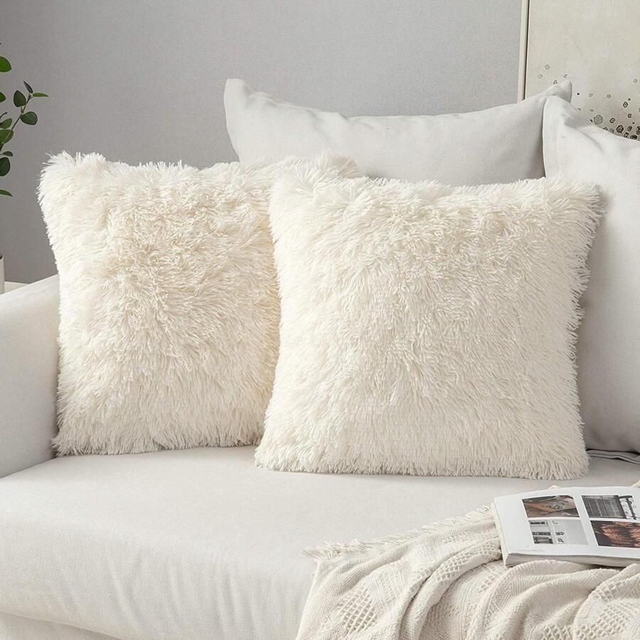 Kussenslopen imitatiebont pluizig zacht vierkant decoratief kunstbont woonkamer bank slaapkamer 50 x 50 cm crème wit