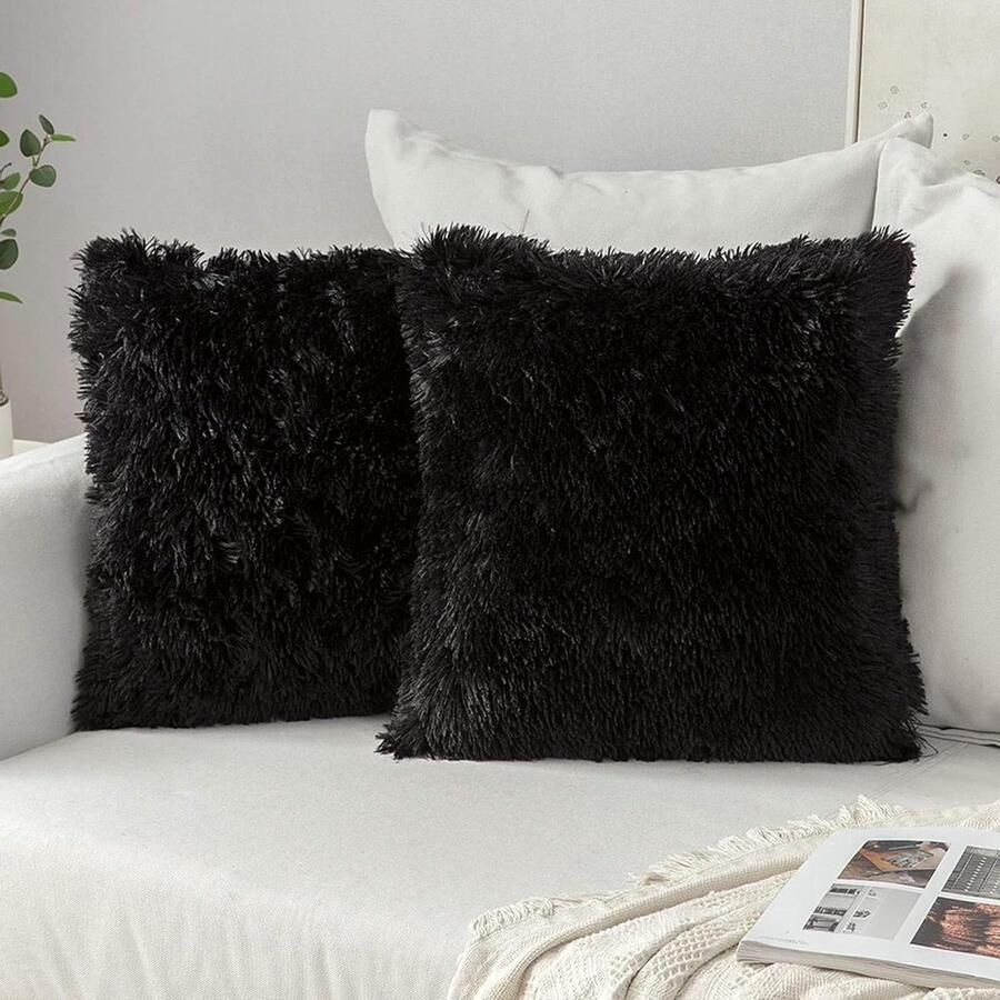 Kussenslopen imitatiebont pluizig zacht decoratief vierkant schattig pluchen kussenhoes woonkamer bank slaapkamer 45 x 45 cm zwart