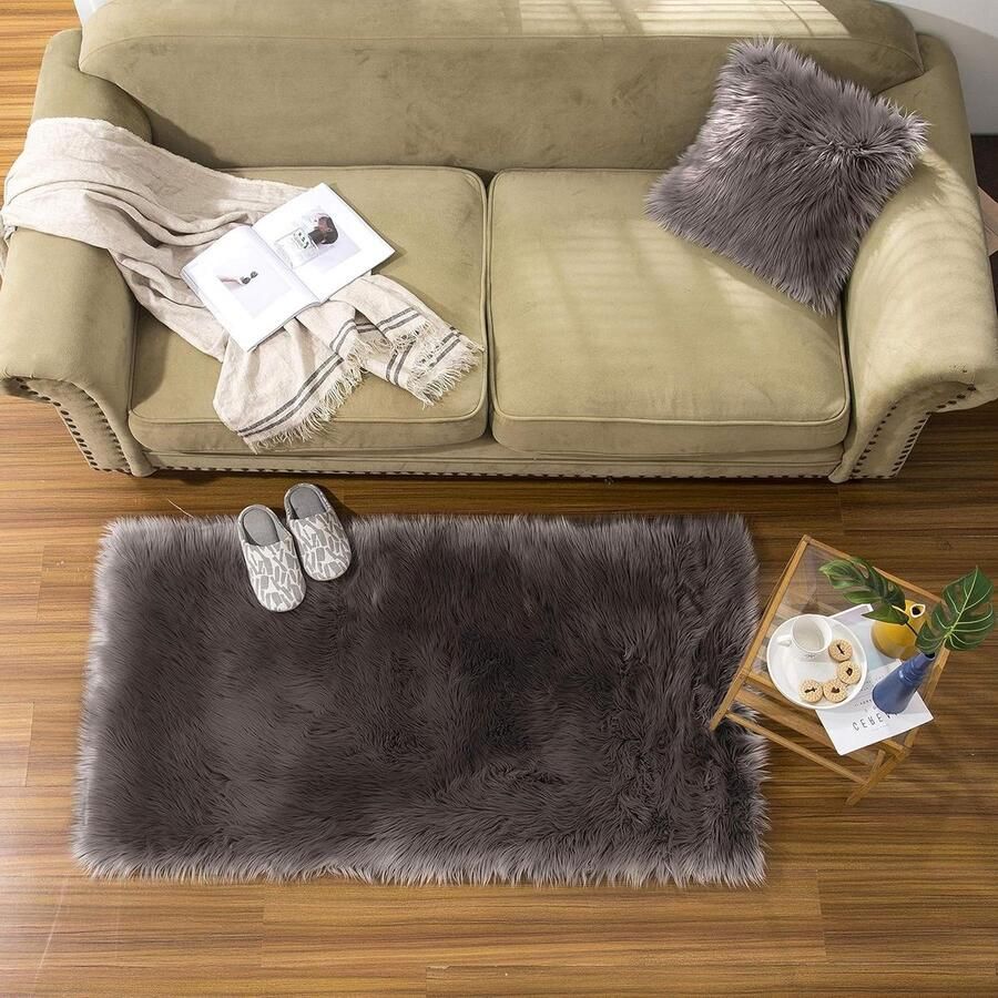 Imitatiebont Schapenvacht Tapijt Grijsbruin Slaapkamer Woonkamer Wasbaar Decoratiebont 80 x 120 cm Rechthoek