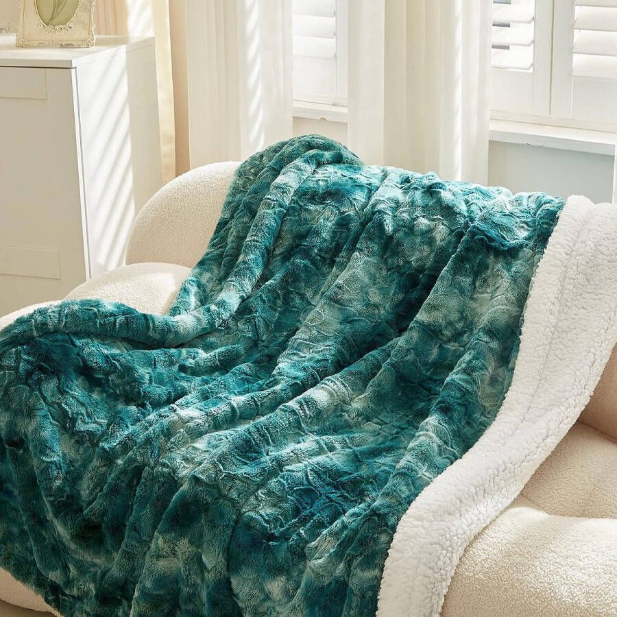 Imitatiebontdeken Sherpa Schapendeken Comfort Luxe Pluizige Knuffeldeken Zachte deken voor bank en bed 160 x 200 cm Donkergroen