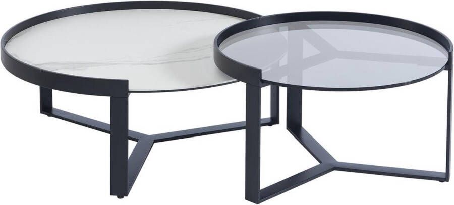 In elkaar schuivende salontafels in gehard rookglas keramiek en metaal Witte marmerlook en zwart ZERILA L 90 cm x H 35 cm x D 90 cm