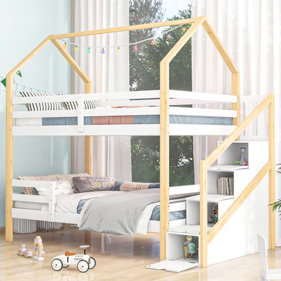 In- en uitstapbed tweepersoonsbed kinderbed in huisvorm ladderkast grenenhouten huisbed voor kinderen kleur gecoördineerd 90 x 200 cm zonder matras wit en houtkleur