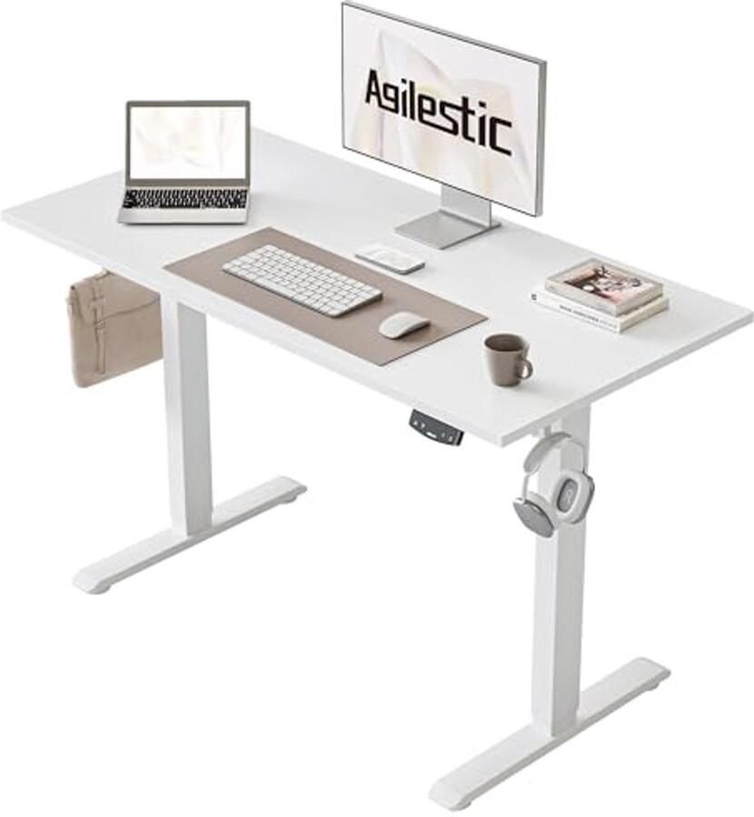 In hoogte verstelbaar bureau 100 x 60 cm met elektrische en handmatige bediening Ergonomisch bureau voor staand en zittend werk wit