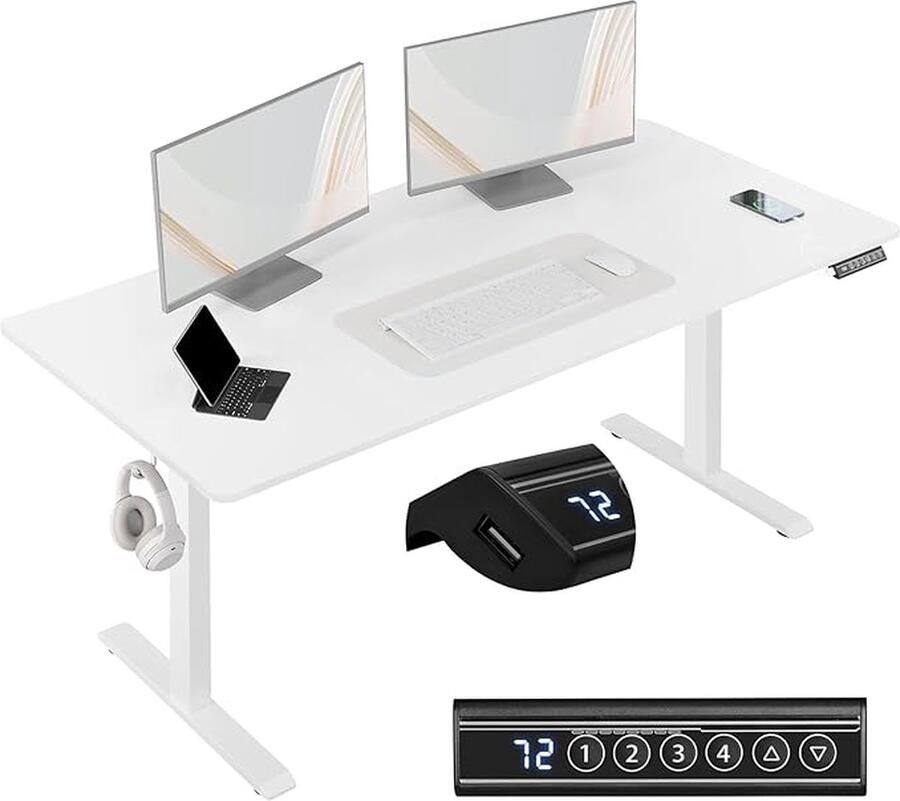 In hoogte verstelbaar bureau 160 x 70 cm speeltafel met elektrisch optillen 72 tot 120 cm met USB-opladen 4 geheugenhoogtes en botsingsbescherming wit TS194ws04