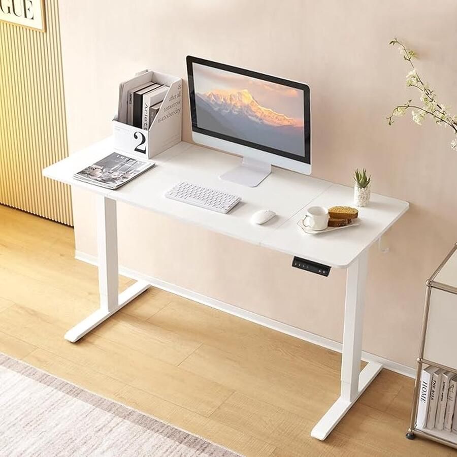 In hoogte verstelbaar bureau elektrisch 140 x 60 cm sta bureau met geheugenfunctie computertafel met kabelmanagement en hoofdtelefoonhouders wit TS177ws02