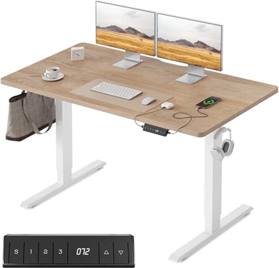 In hoogte verstelbaar bureau met USB-A- en USB-C-oplaadpoorten Ergonomisch sta-zit-tafel voor thuiskantoor 120 x 60 cm