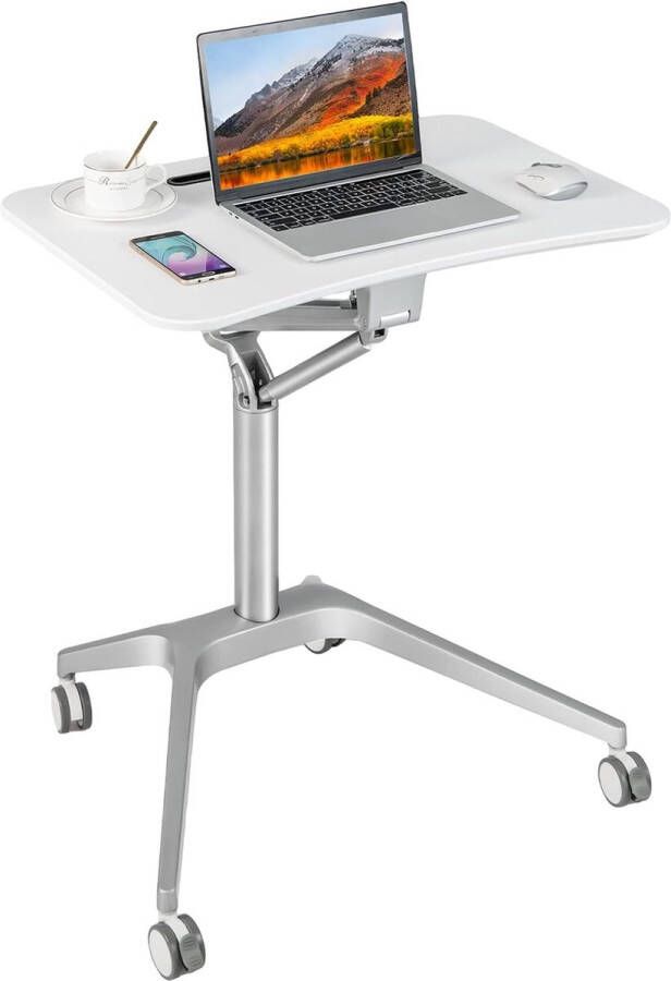 In hoogte verstelbaar bureau mobiele laptoptafel met wieltjes zit-sta bureau voor kantoor klaslokaal woonkamer wit + zilver