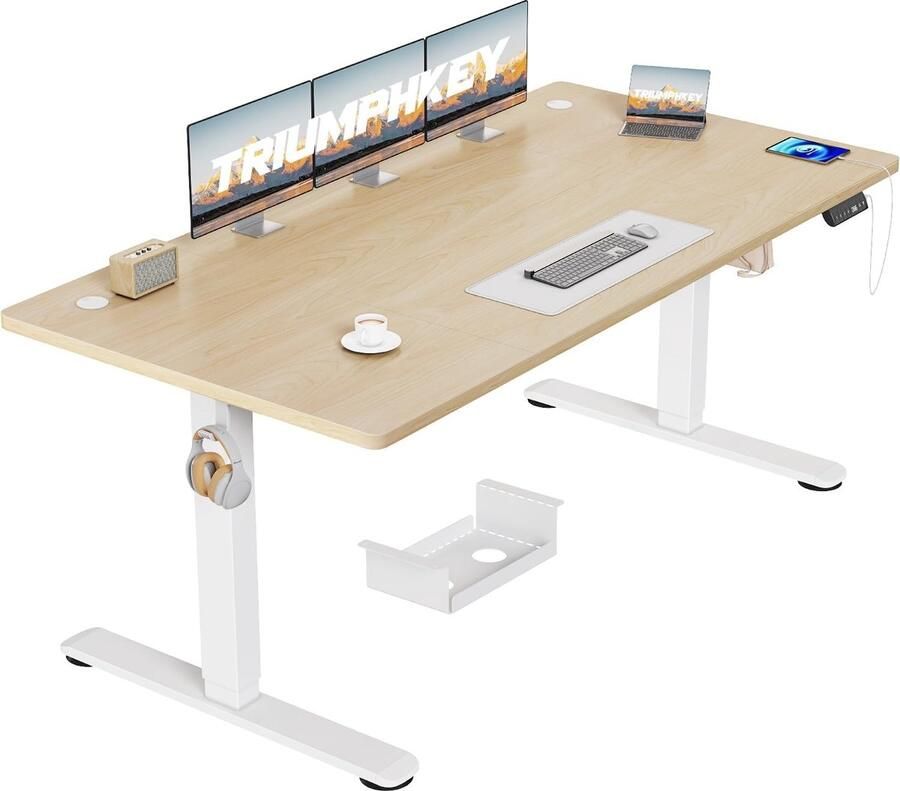 In Hoogte Verstelbaar Elektrisch Bureau met USB Oplaadpoort en 3 Geheugencontrollers 160 x 80 cm Anti-botssysteem Beige + Wit