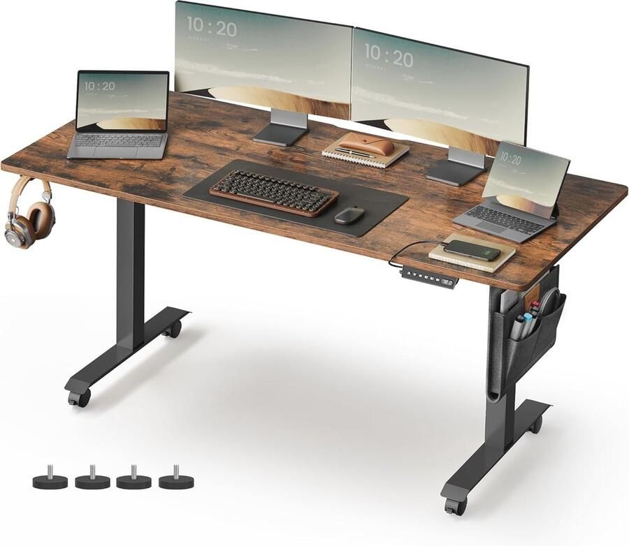 In hoogte verstelbaar elektrisch bureau van hout en staal Vintage bruin 160 cm