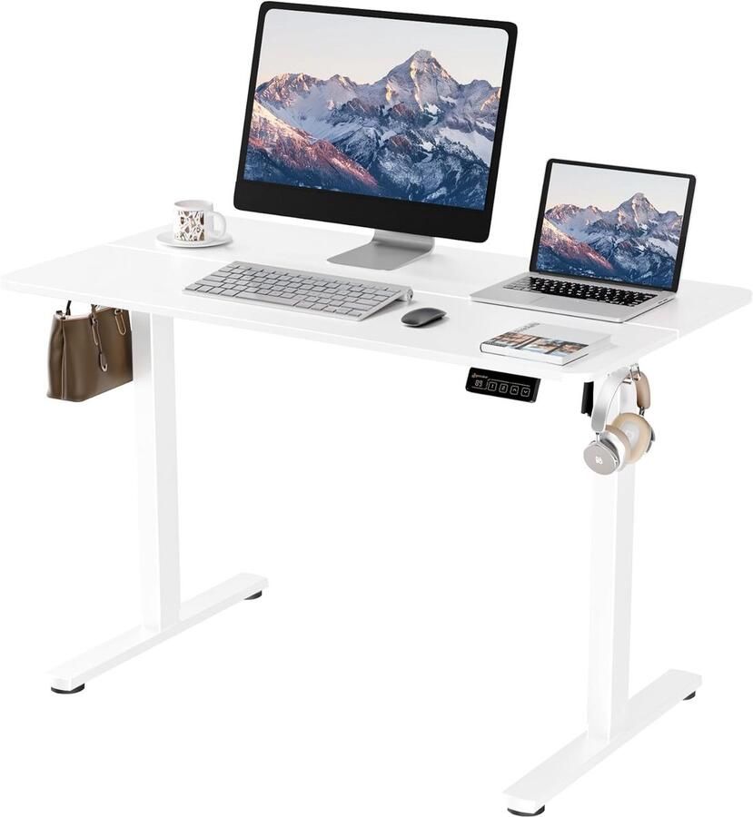 In hoogte verstelbaar elektrisch zit-sta bureau 110 cm x 60 cm Wit