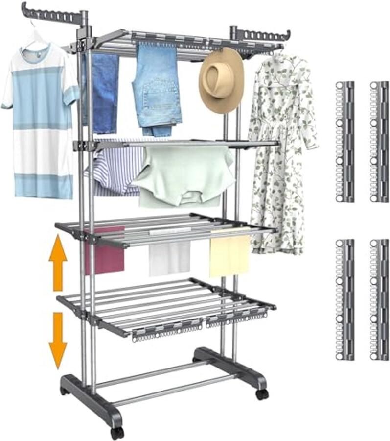 In hoogte verstelbaar en opvouwbaar droogrek met 5 niveaus en 32 kledingstangen
