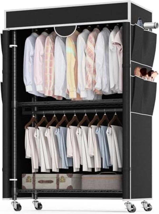 In hoogte verstelbaar kledingrek met wielen en hoes Stabiele metalen kledingstandaard met 2 stangen en 4 zijtassen (90 x 45 x 205 cm)
