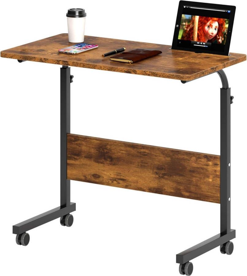 In hoogte verstelbaar laptoptafel computertafel met tabletsleuf 80 x 40 cm pc-tafel banktafel verzorgingstafel bijzettafel met wieltjes vintage bruin