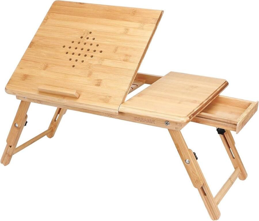 In hoogte verstelbare bamboe laptoptafel met lade en ventilatiegaten Kantelbare en opvouwbare bedtafel voor optimaal comfort