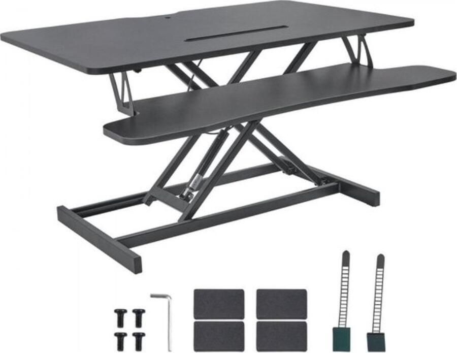 In hoogte verstelbare bureautoren 915 x 600 mm sta-bureau met brede toetsenbordlade Quick Sit Stand dubbellaags computerbureau sta-bureauconverter 20 kg draagvermogen voor 2 monitoren zwart