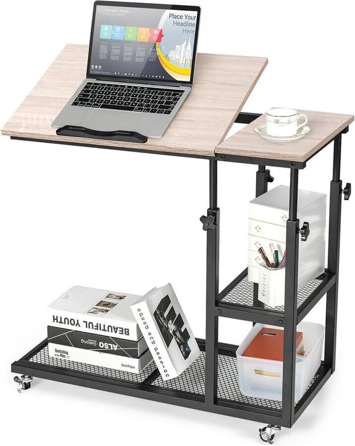 In hoogte verstelbare C-vormige bijzettafel met wielen Perfect voor laptop slaapkamer en kantoor