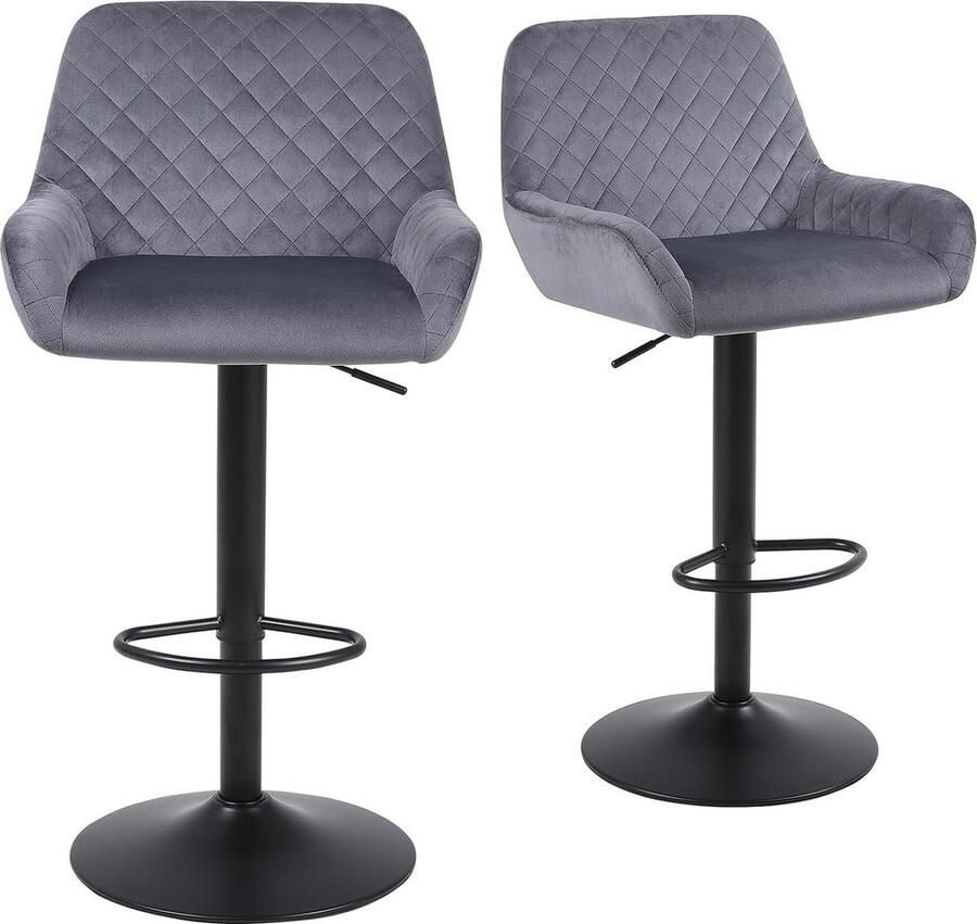 In hoogte verstelbare draaibare barkruk set van 2 fluweel ontbijt-eetkruk met rugleuning en armleuning grijs Barkruk