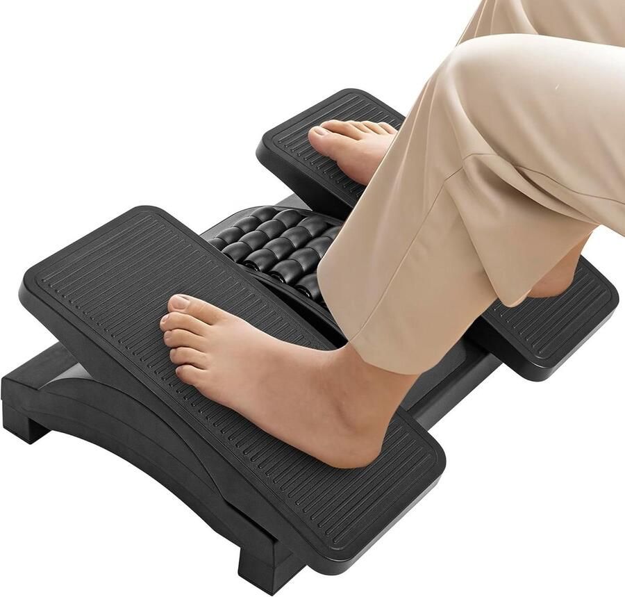 In hoogte verstelbare en in hoek verstelbare zwarte voetsteun met massageoppervlak Antislip ergonomische voetenbank voor kantoor en thuis