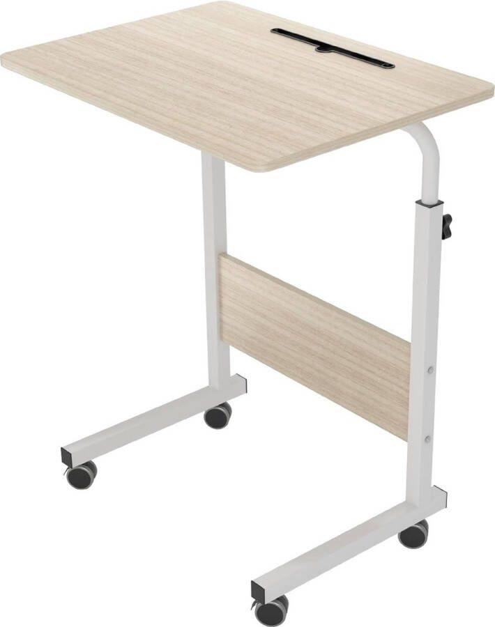 In hoogte verstelbare laptoptafel computerbureau met tabletsleuf 60 x 40 cm pc-tafel salontafel verzorgingstafel bijzettafel met wielen witte esdoorn