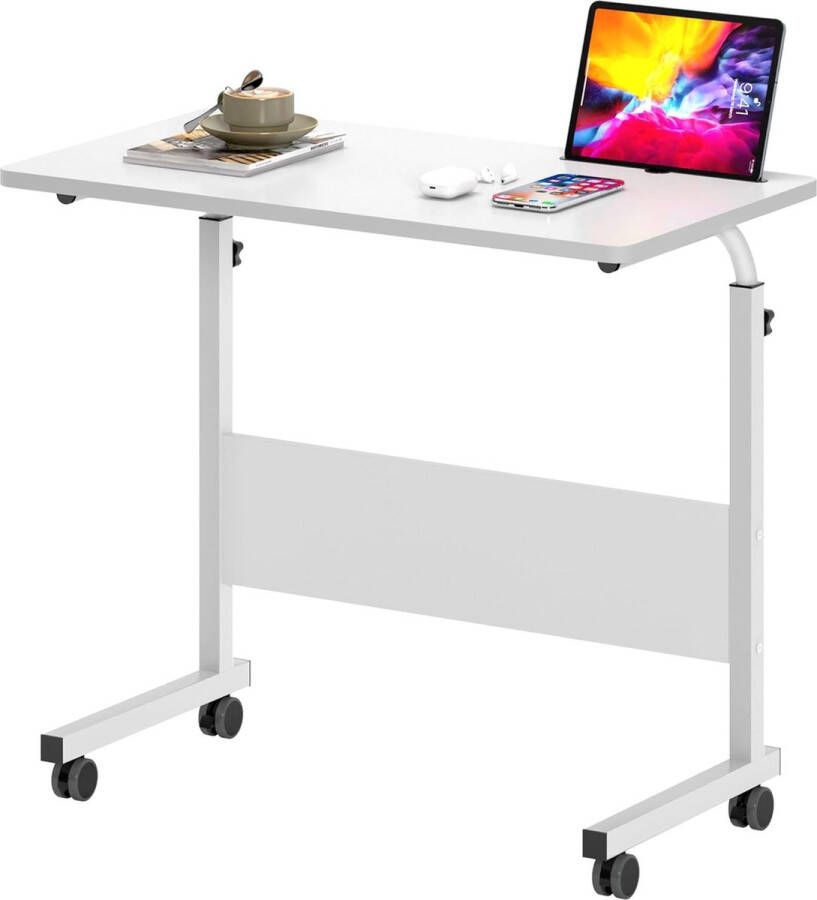 In hoogte verstelbare laptoptafel computerbureau met tabletsleuf 80 x 40 cm pc-tafel salontafel verzorgingstafel bijzettafel op wielen wit