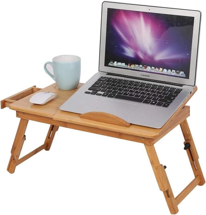 In hoogte verstelbare laptoptafel voor bed en bank met lade Bamboe Kantelbaar
