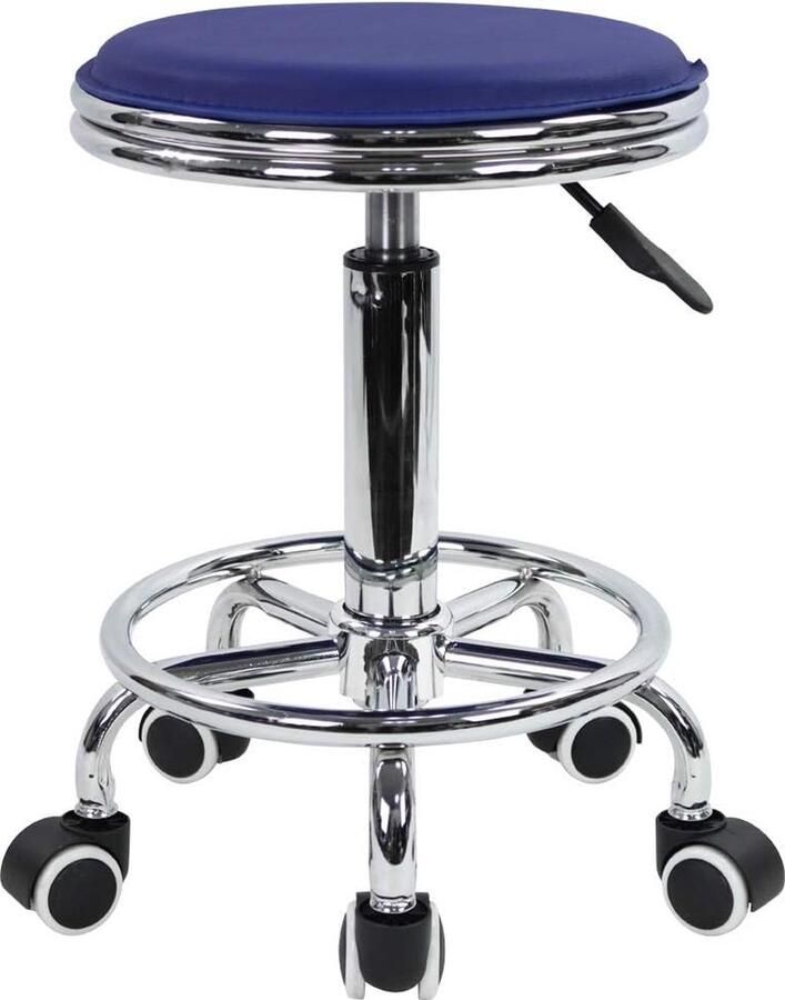 In hoogte verstelbare rolkruk Draaibare kruk met voetensteun Moderne industriële metalen stijl gemaakt van PU-leer Blauw