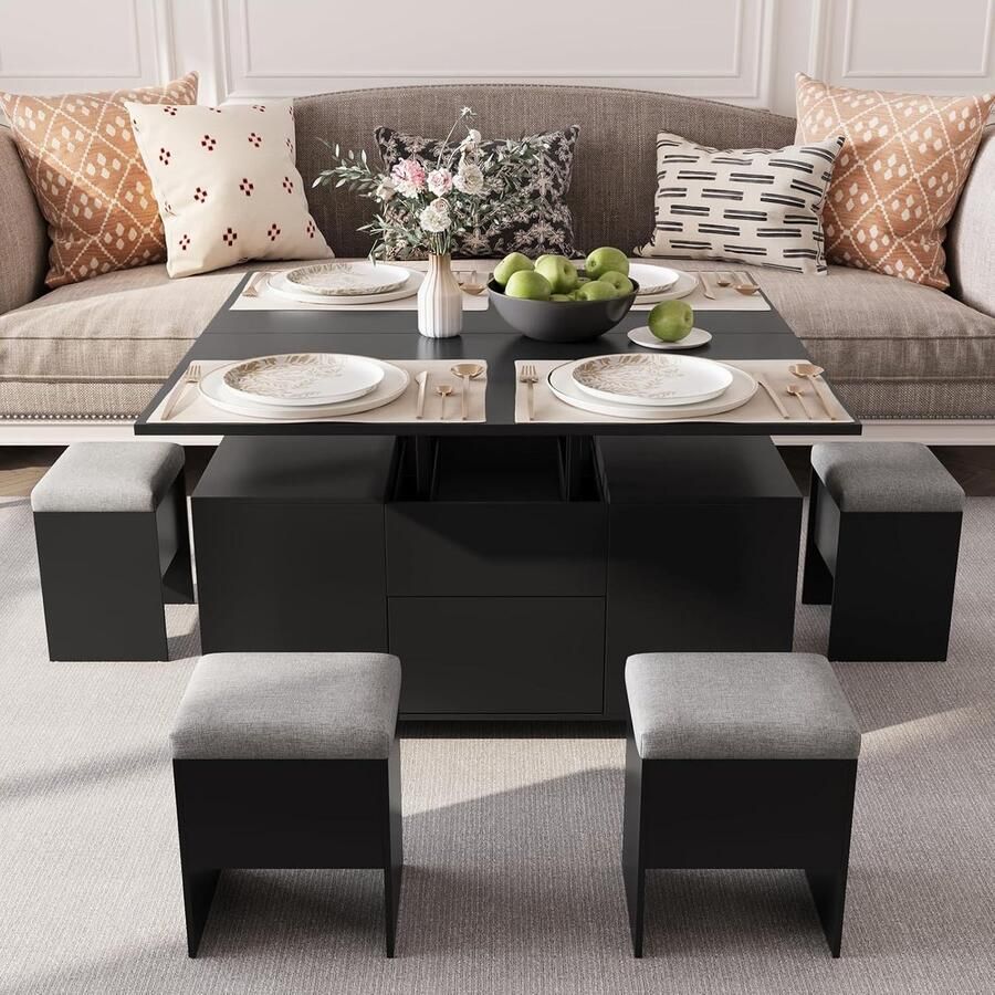 In Hoogte Verstelbare Salontafel – 4-in-1 Multifunctionele Tafel met Verborgen Opbergruimte en 4 Krukken Zwart 107 cm