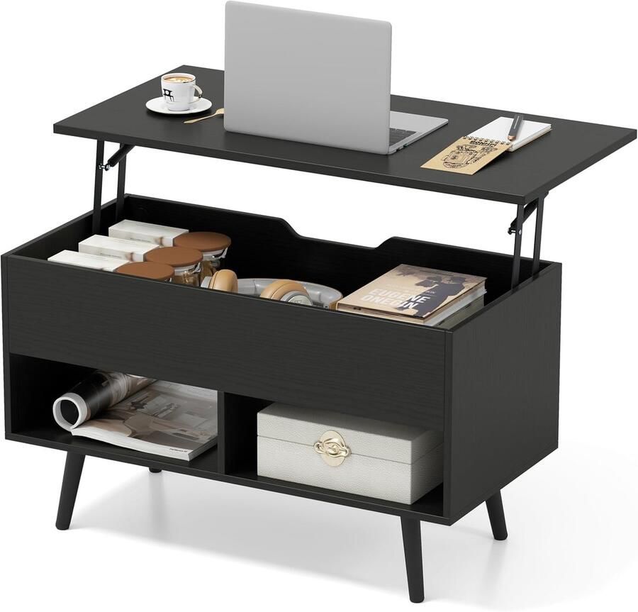 In hoogte verstelbare salontafel – Houten banktafel met opklapbaar tafelblad en 2 open planken uitschuifbare woonkamertafel 80 x 40 x 46-60 cm (zwart)