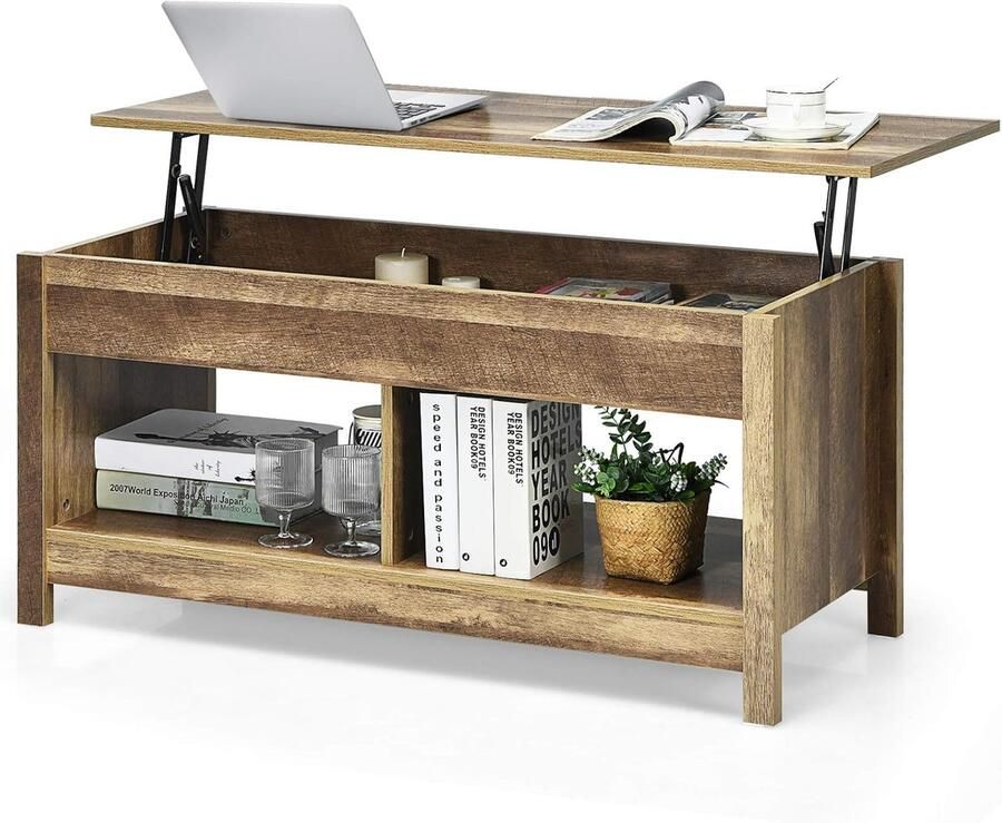 In hoogte verstelbare salontafel – Houten bijzettafel met opbergvak theetafel voor woonkamer balkon en hal (natuur)