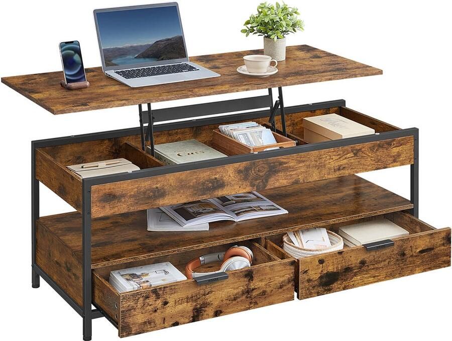 In hoogte verstelbare salontafel met lades in vintage bruin en inktzwart