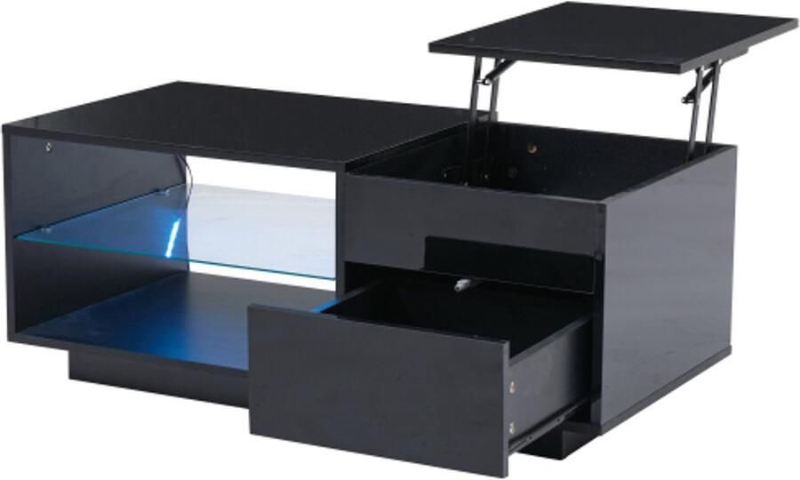 In hoogte verstelbare salontafel met LED hoogglans salontafel met 1 lade salontafel met gehard glazen tussenwand en verborgen opbergruimte
