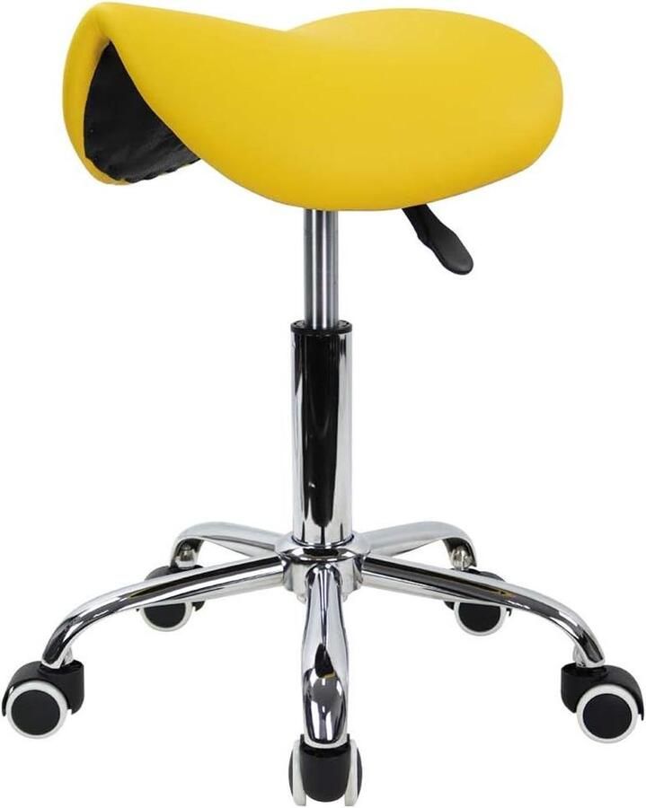 In hoogte verstelbare zwenkbare werkkruk Gele zadelkruk met rolkruk voor kantoor Kruk
