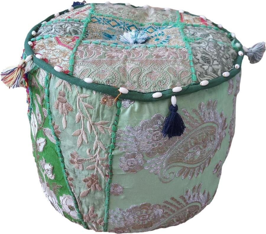 Indiase Boheemse Stijl Ottomaanse Poef Decor Voetbank Vloer Kussen Geborduurde Poef Patchwork Stoel voor kinderen Groen