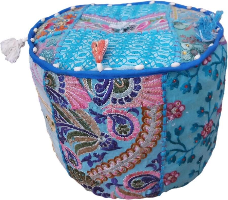 Indiase Boheemse Stijl Ottomaanse Poef Interieur Decor Voetbank Vloerkussen Geborduurde Patchwork Poef Turquoise Lichtblauw