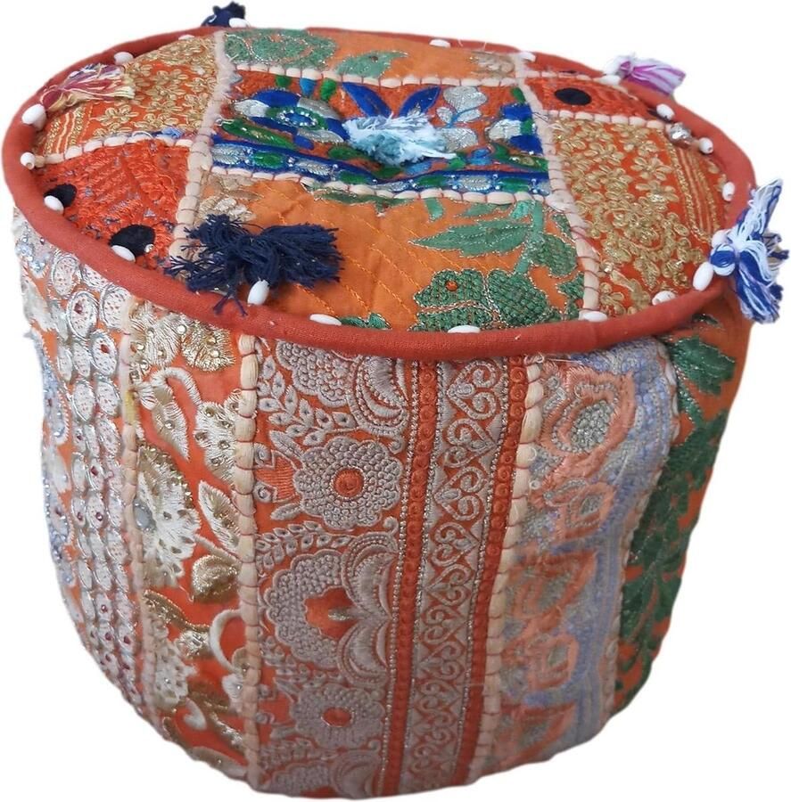 Indiase Boheemse Stijl Ottomaanse Poef Interieurdecor Voetbank Vloerkussen Patchwork Stoel Oranje Saffraan Kleur