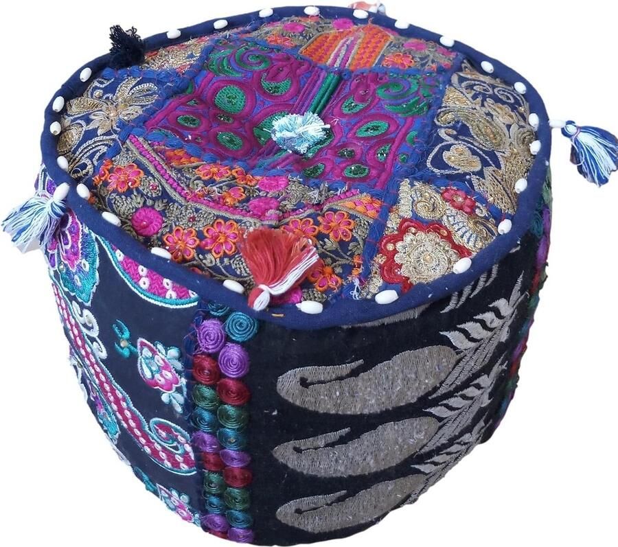 Indiase Boheemse Stijl Ottomaanse Poef Interieur Decor Vloerkussen Donkerblauw Patchwork Stoel