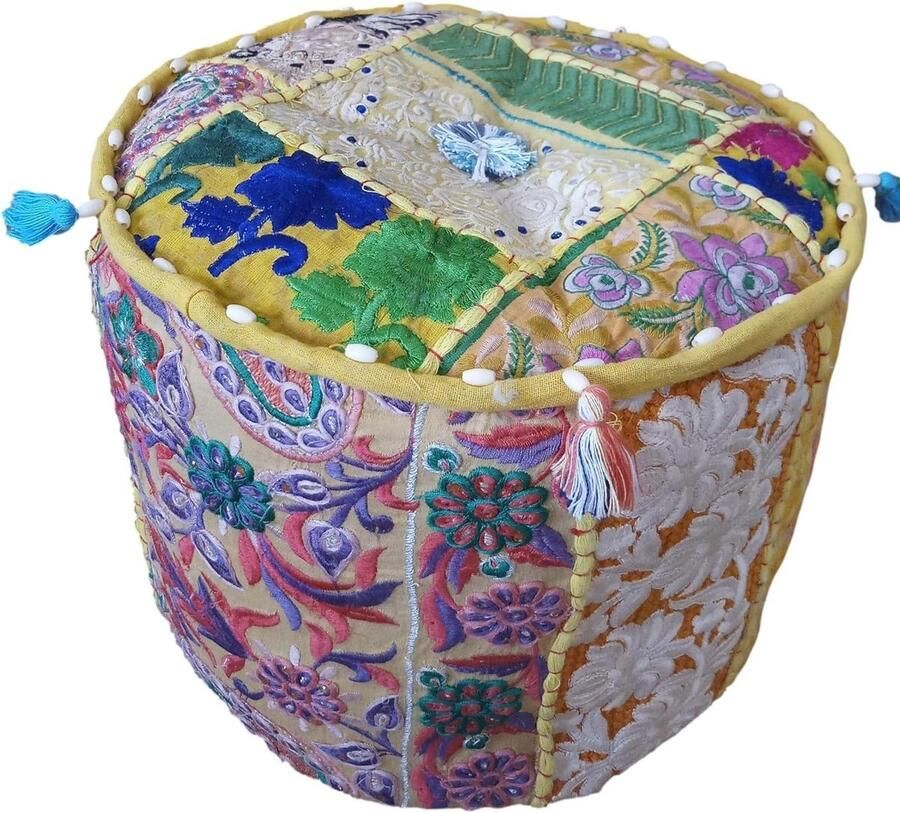 Indiase Boheemse Stijl Ottomaanse Poef Vloerkussen Interieur Decor Patchwork Stoel Geel