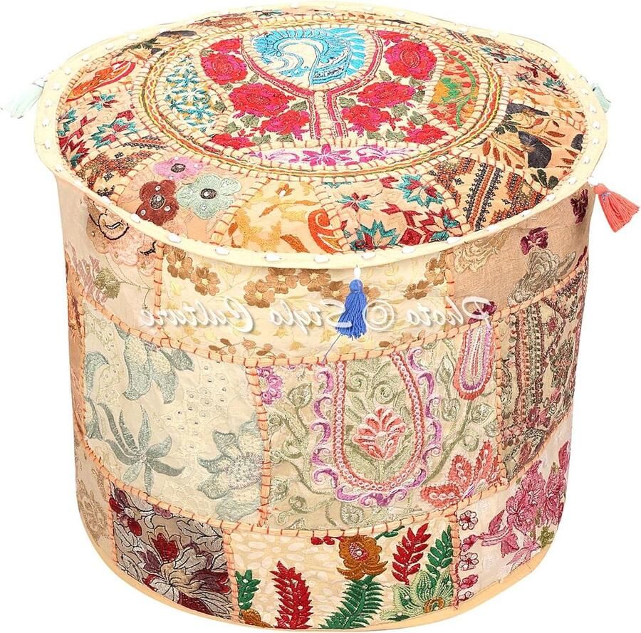 Indiase Geborduurde Patchwork Katoenen Ronde Poef Cover Traditioneel Ottomaanse Poefzitje 18x18x13 Inch Beige
